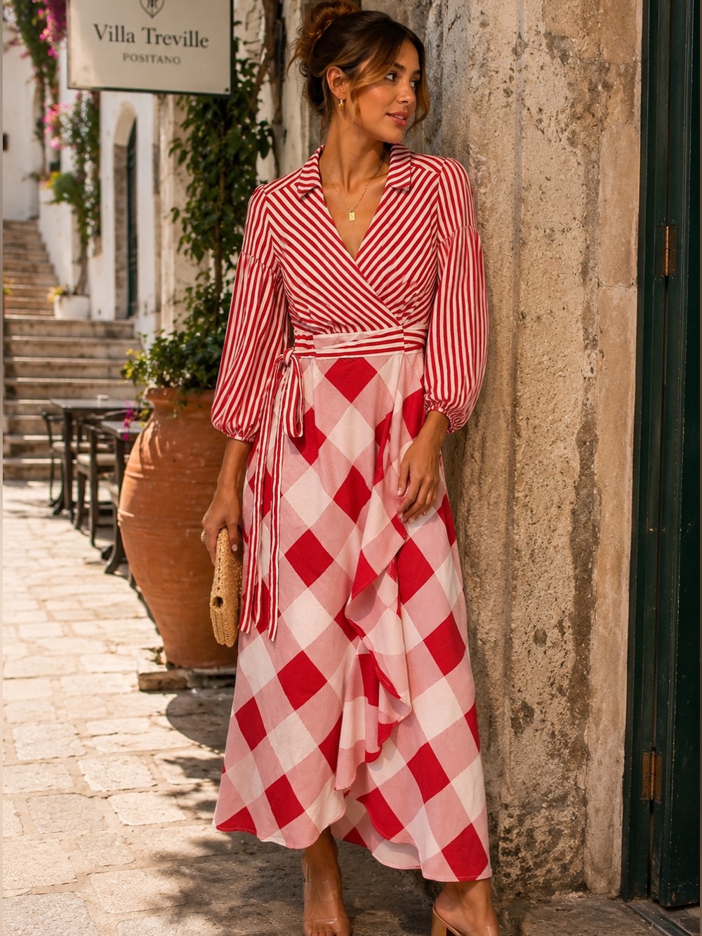 New York & Company Stretch Red Stripe Gingham Wrap Maxi Dress Cottagecore Size S